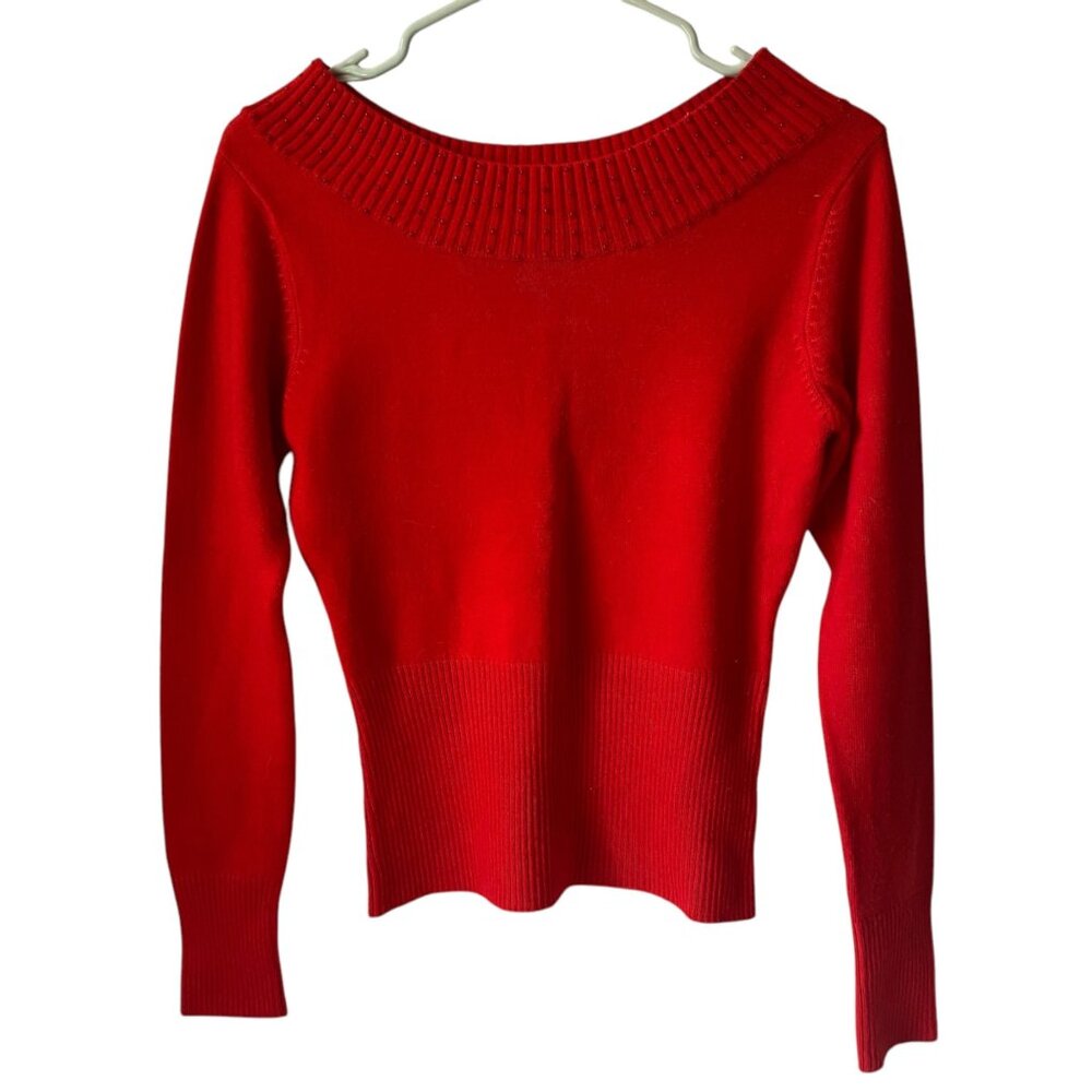 Vintage Just Woman Red Beaded Ribbed Sweater Women S Merino Wool Blend Boat Neck